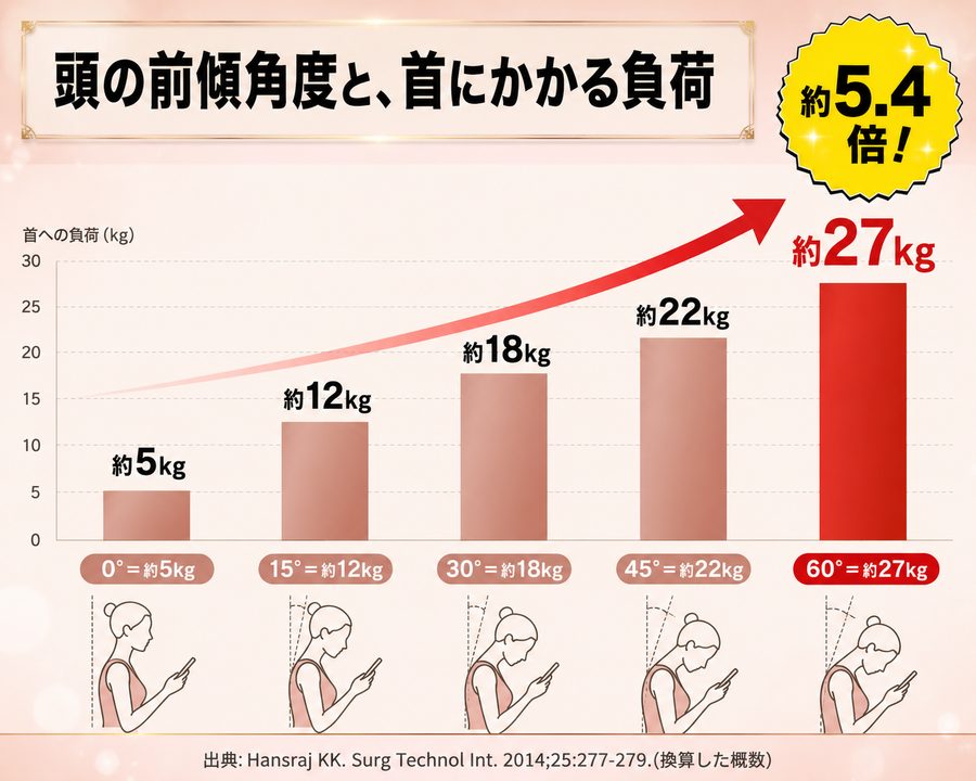 頭の前傾角度と首にかかる負荷 約5.4倍