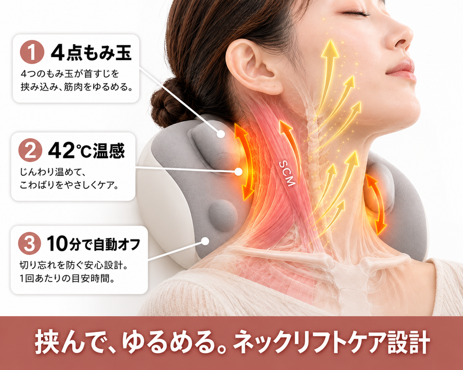 挟んで、ゆるめる。ネックリフトケア設計の機構図