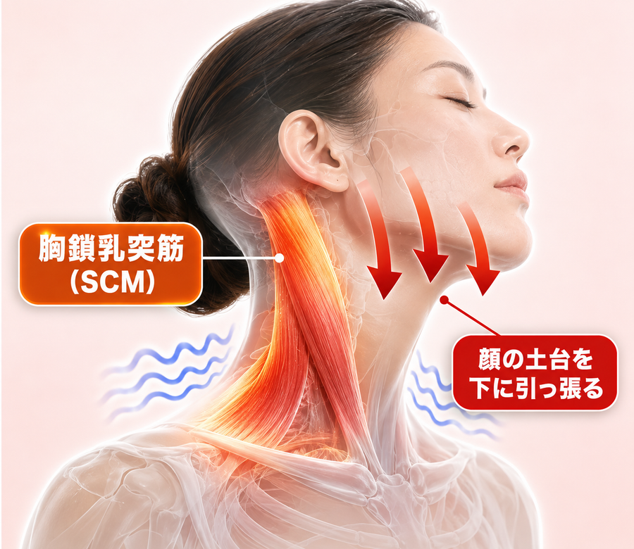 胸鎖乳突筋SCMが顔の土台を下に引っ張る図解